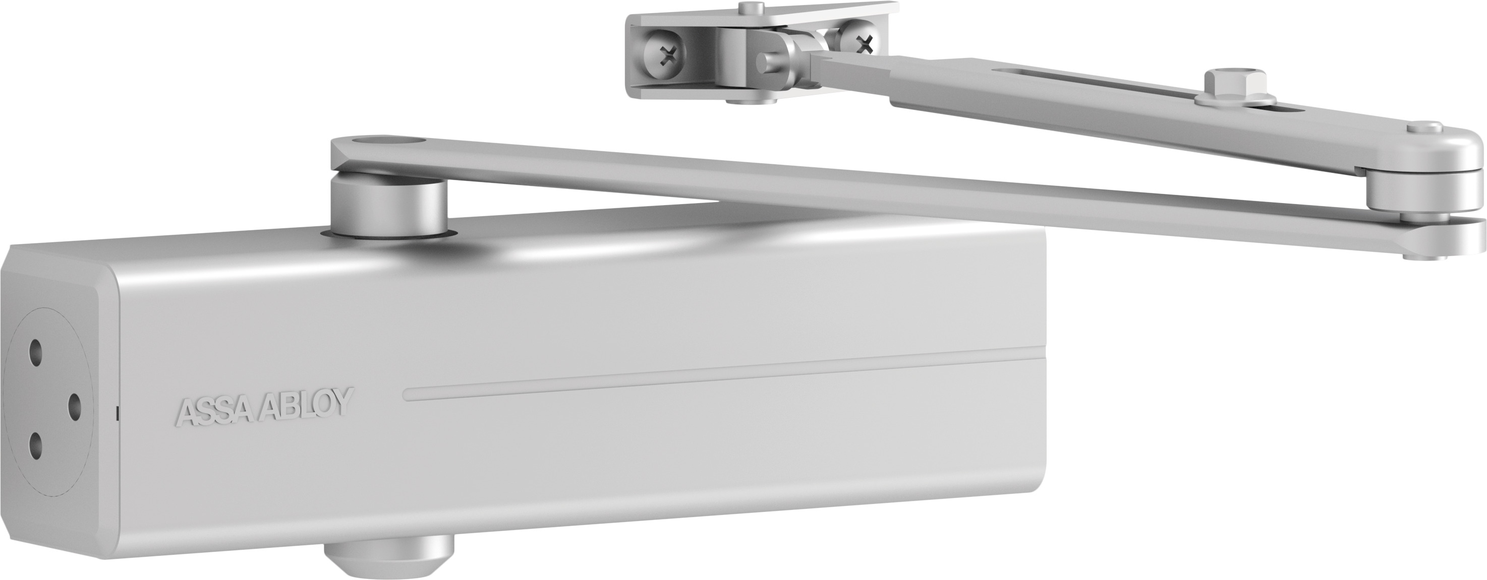Rack and pinion door closer with link arm for single action doors up to